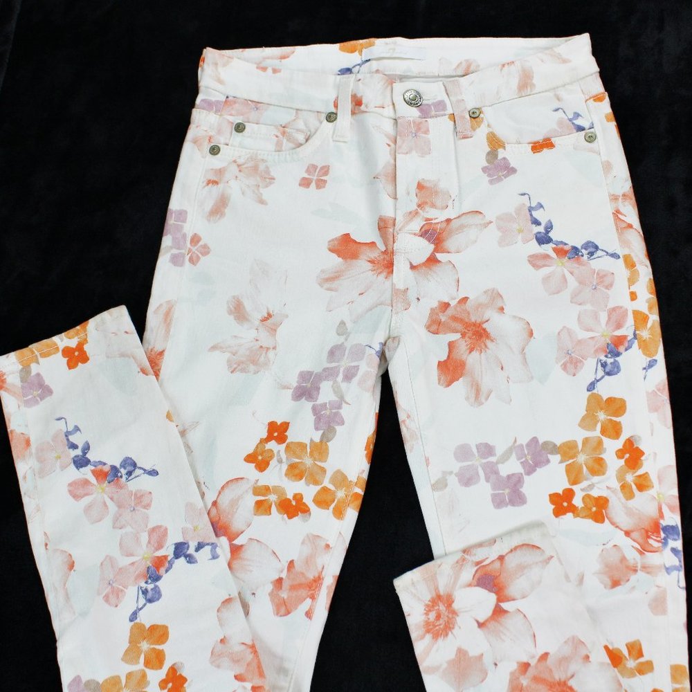 7FAM Seven for all Mankind Womens White Floral Jeans Size 25x27 Skinny Fit Denim
